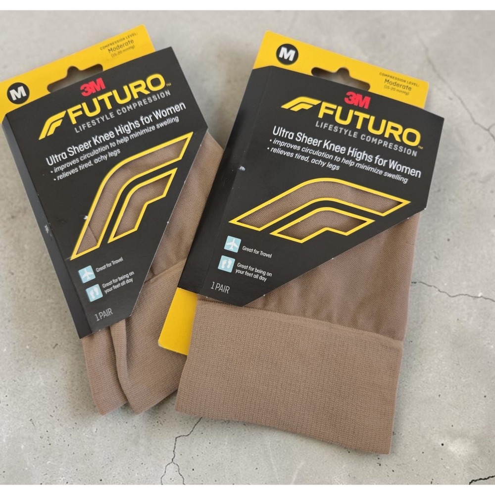 2 Packs 3M Futuro Ultra Sheer Knee Highs Women Moderate Compression Medium‎ Tan